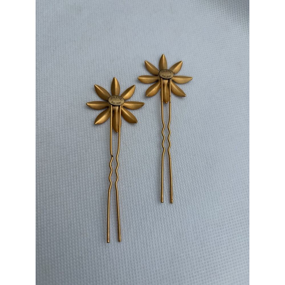 Colette Malouf Gold Tone Daisy Flower Hair Pins Pair Crystal Center Wedding Set - Picture 4 of 6